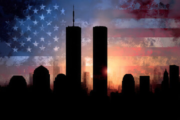 Silhouette of the Twin Towers and New York City skyline at sunset with an American flag overlay.
