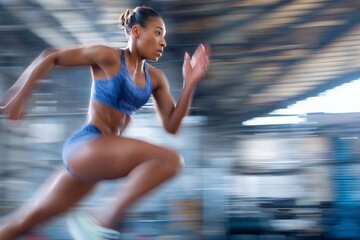African American woman athlete runs with incredible speed, demonstrating powerful athletic determination.