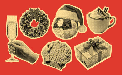 set of Happy New Year elements, Christmas wreath, winter sweater, gift box, hot chocolate cup, hand with a glass of champagne, retro halftone style, vintage photocopy collage collection