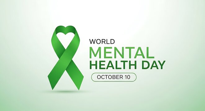 World mental health day on october 10th, featuring a green ribbon shaped into a heart, symbolizing awareness and support for mental wellbeing