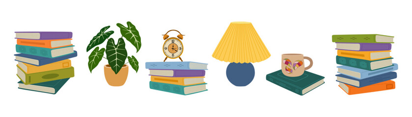 Set of books stacks, potted plant, alarm clock, mug, desk lamp. Concept of education, library, exam, book shop. Hand drawn vector illustration isolated on white background, modern flat cartoon style.
