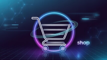 Digital Cart: An illuminated shopping cart icon, symbolizing online retail and the ease of digital shopping. It's a modern representation of ecommerce.