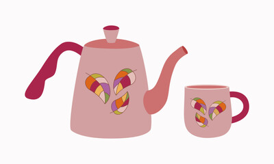 Colorful teapot and cup. Tea set for hot drinks. Retro style tableware, kitchen utensil. Hand drawn vector illustration isolated on white background, flat cartoon style.