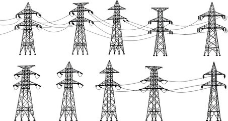Steel lattice transmission towers, power line pylons, electrical infrastructure, interconnected towers, high voltage transmission, black and white drawing, electrical grid lines
