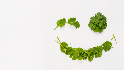 Creative use of herbs forms a smiling face on a white background