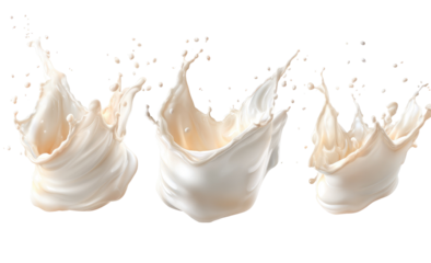 Three creamy milk splashes against a black background.  Fluid,  dynamic,  and textured, the splashes exhibit  various stages of impact, showing the creamy substance arcing and dispersing in the air