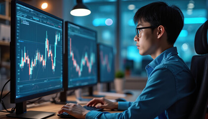 Focused asian man analyzes trading charts on multiple screens. Stock exchange investor works at night. Intense concentrated studying financial data. Person looks at graphs, types on keyboard in blue