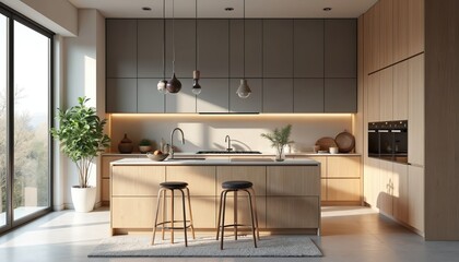Serene space modern kitchen design. Light wooden textures create neutral warm aesthetic. Roomy interior features kitchen island, elegant cabinets, lighting, decor, plants. High-end appliances for