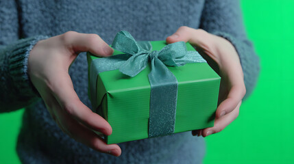A person wearing a grey sweater holds a green gift box tied with a matching ribbon and bow against a green screen background.