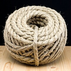 Rolled rope on a wooden surface