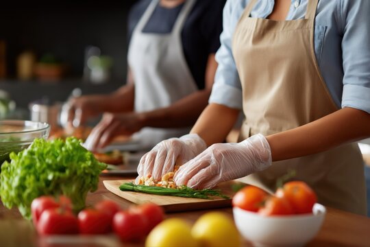 Culinary cooking class with diverse adults preparing fresh ingredients in kitchen