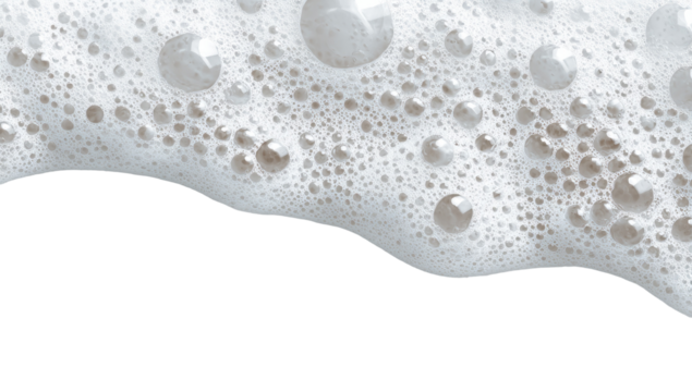 Close-up of white soapy foam with bubbles.  The foamy texture curves gently across the image, with dark black below