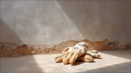 single glove rests on rough surface illuminated by sunbeam creating striking composition