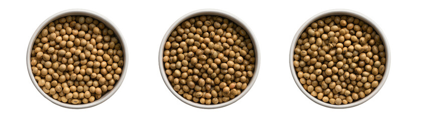 Three round white bowls filled with light brown, round legumes