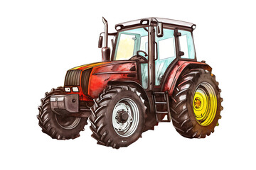 Red farm tractor with detailed tires and cab on background agriculture vehicle isolated on a transparent background