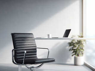 Modern, minimalist office space with a sleek black leather chair, bright window, laptop, and plant. Symbolizes business, design, and a productive workspace.