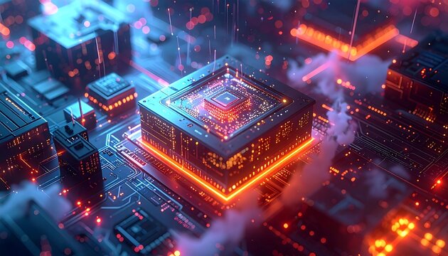 Abstract digital circuit board with glowing central processor