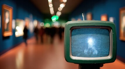 Close-up of green retro TV in museum hallway with tall exhibit walls, spotlights and people silhouettes in blurred background