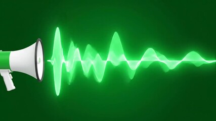 A white/green bullhorn with audio wave trails emanates across a green background, representing sound or communication