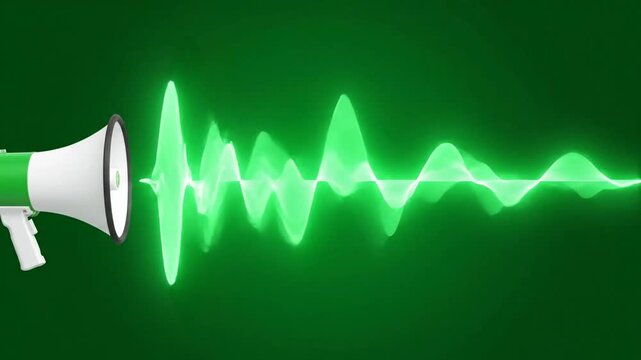 A white/green bullhorn with audio wave trails emanates across a green background, representing sound or communication