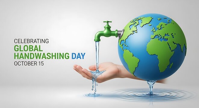 Global handwashing day illustration with a faucet pouring water onto a hand holding a globe - Powered by Adobe