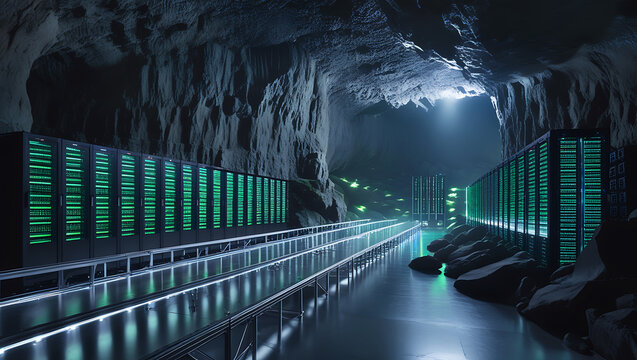 Futuristic server farm illuminated by ethereal blue and green lights inside a dark cave