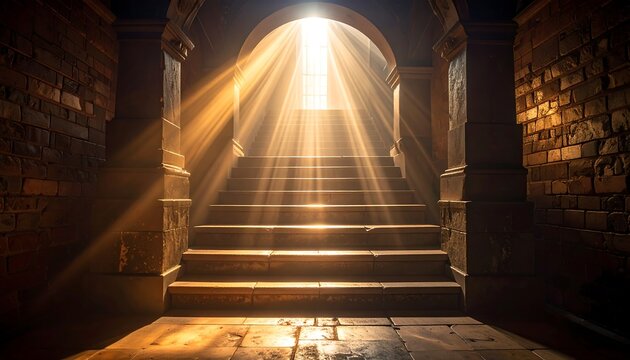 Sunlight streams down a stone stairway in a dark archway
