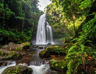 Fototapeta premium Lush waterfall cascading into a rocky pool