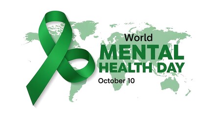 World mental health day on october 10 with a green ribbon and a world map background