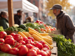 Fresh, vibrant produce at a local farmers market. Rustic, healthy food concept. Ideal for farmtotable, nutrition, or community themes, highlighting seasonal offerings.