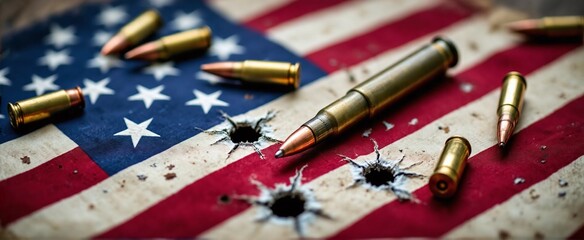 Fototapeta premium American flag riddled with bullet holes and scattered ammunition.