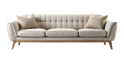 Plush tufted sofa with striped cushions isolated on a transparent background