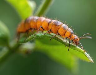 Fototapeta premium Close-up insect on green leaf, focus on orange larvae. Macro shot of pest on plant. Nature, wildlife theme. Insect pest control concepts. Biology study, gardening eco themes.