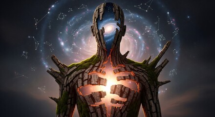 Fototapeta premium Celestial Being with Cosmic Heart and Galaxy Head, Spirit of the Universe