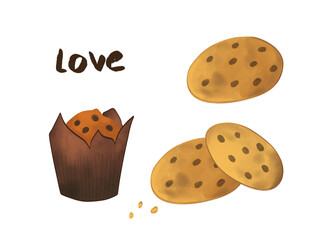 Illustration with chocolate cake and cookies.