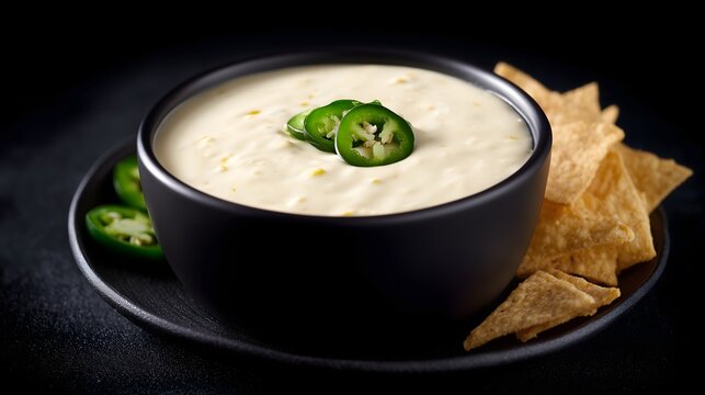 Gooey queso blanco dip in black bowl on dark background with melted cheese and creamy texture