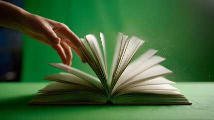 A person's hand quickly flipping through the blurred pages of an open book resting on a solid green surface.