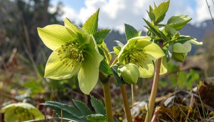 Obraz premium Delicate hellebores blooming in the early spring sunlight environment