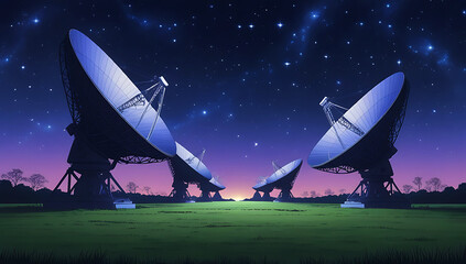 Giant satellite dishes aim towards a starry night sky