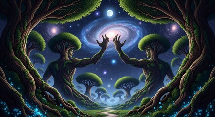 Obraz premium Galactic Guardians: Tree Spirits Embrace the Cosmos in a Mystic Forest