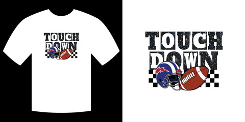Touch Down Design: A stylized illustration captures the essence of a football game. This design on a tee evokes action and sporting spirit with helmet, football, and text. © Digital Goodies