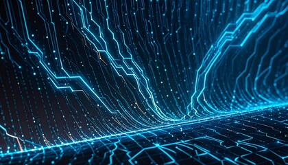 Abstract digital circuit board pattern, glowing blue lines and dots on dark background