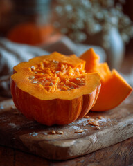 Hand-carved pumpkin resting on a rustic wooden board in warm lighting