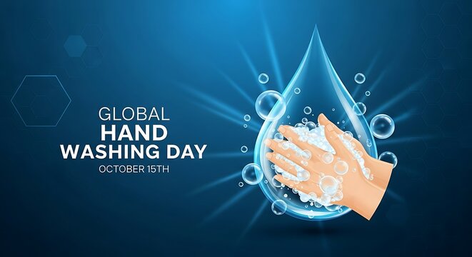 Global hand washing day concept with hands being washed in a water drop, promoting hygiene and health awareness