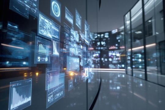 Futuristic high-tech control center with floating digital displays and data visualizations