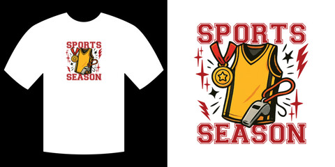 Sports Season T-shirt Design: Illustrated sports-themed t-shirt design with elements like jersey, whistle and medal, perfect for sports enthusiasts and related events. 