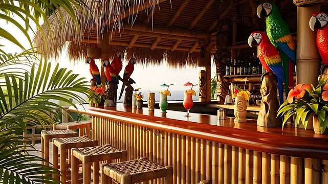 Tropical tiki bar with stools, drinks, and parrot decorations