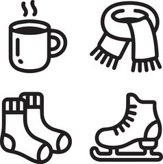 Cozy Winter Season Icon Pack Featuring Hot Beverage Scarf Skates and Warm Socks for Frosty Days