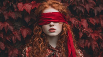 Redhaired woman with a red blindfold standing in front of red leaves
