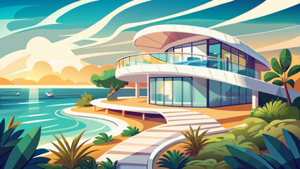 Elegant beach retreat with curved white walls, rooftop garden, and glass balustrades, reflecting sunlight and complementing the rolling waves nearby.